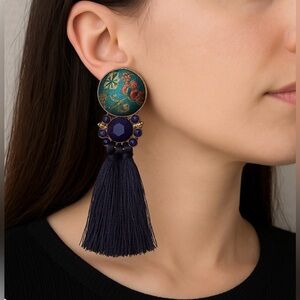 Statement Brocade Button Tassel Earrings - Purple & Teal